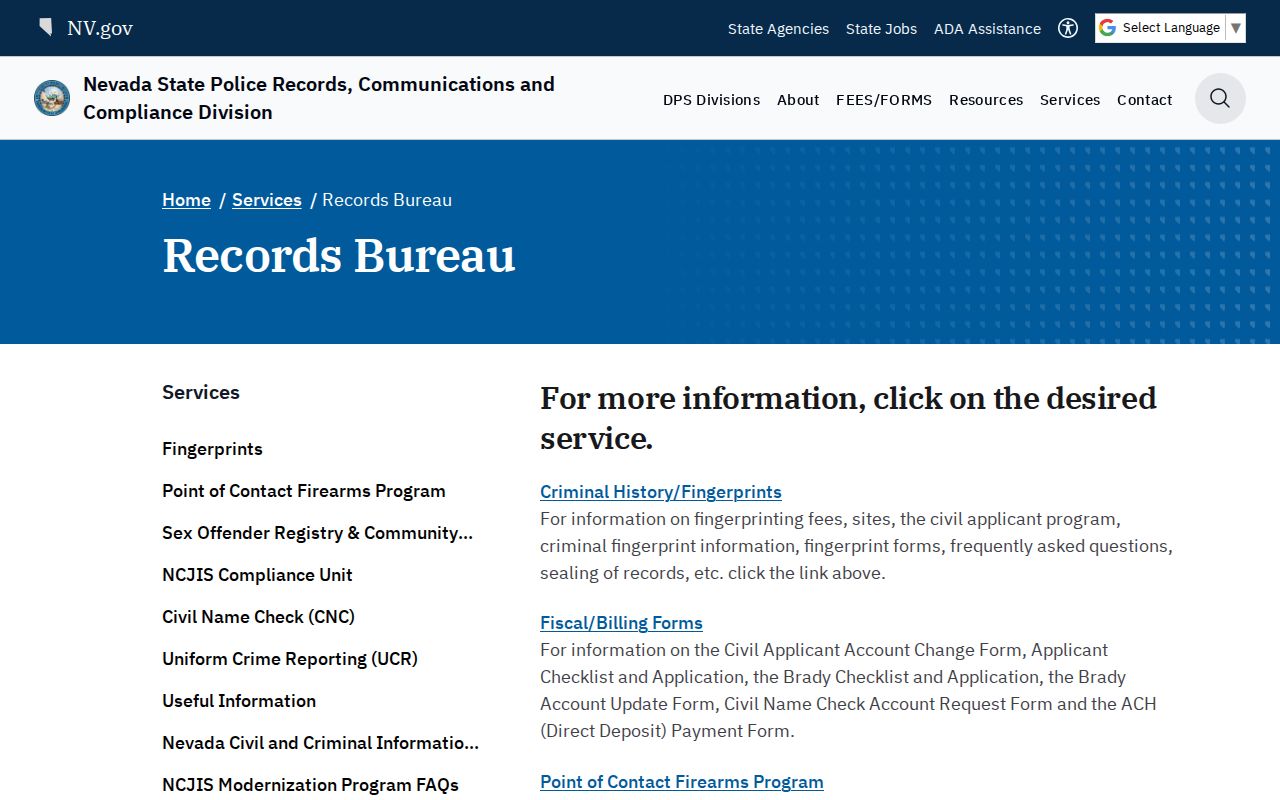 Nye County criminal history access through the Nevada Records Bureau