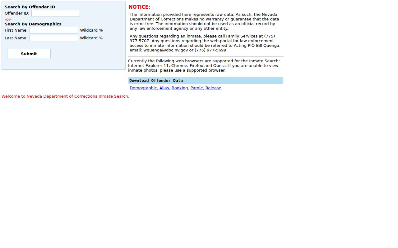 Nye County criminal custody lookup through NDOC Inmate Search