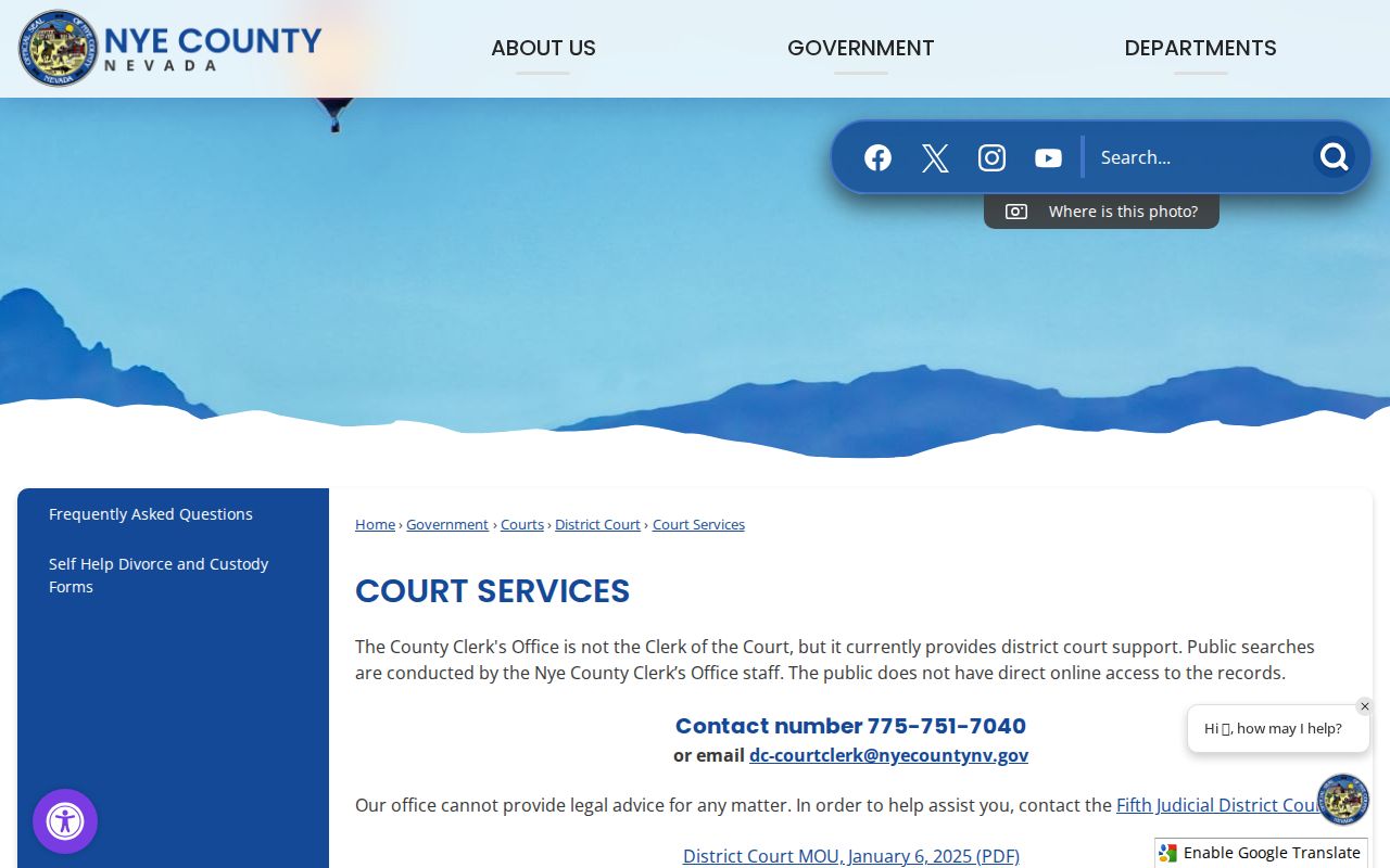 Nye County criminal court case record services page