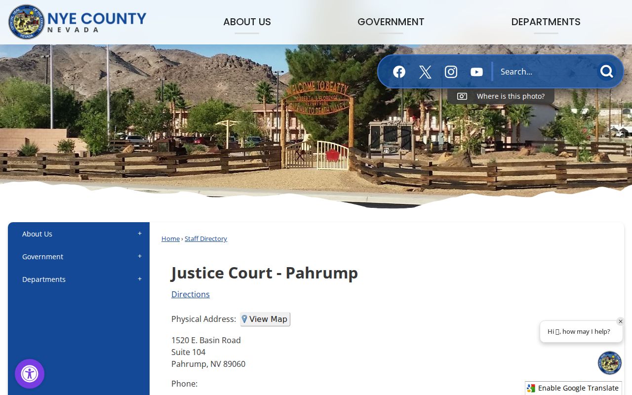 Pahrump Justice Court directory for Nye County criminal cases